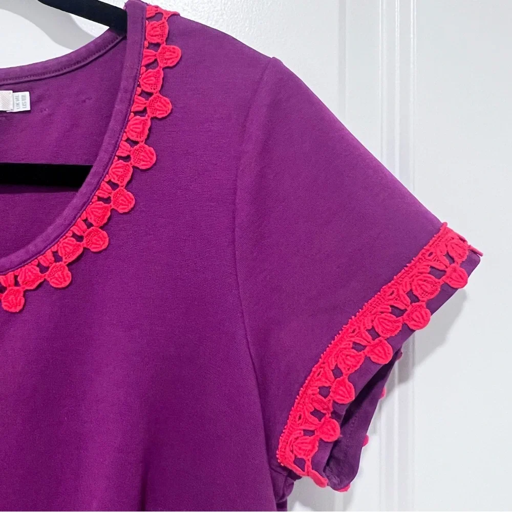 Vintage Boden Purple Ponte Knit Red Crochet-Trimmed Sheath Dress Size 10L - Picture 4 of 8